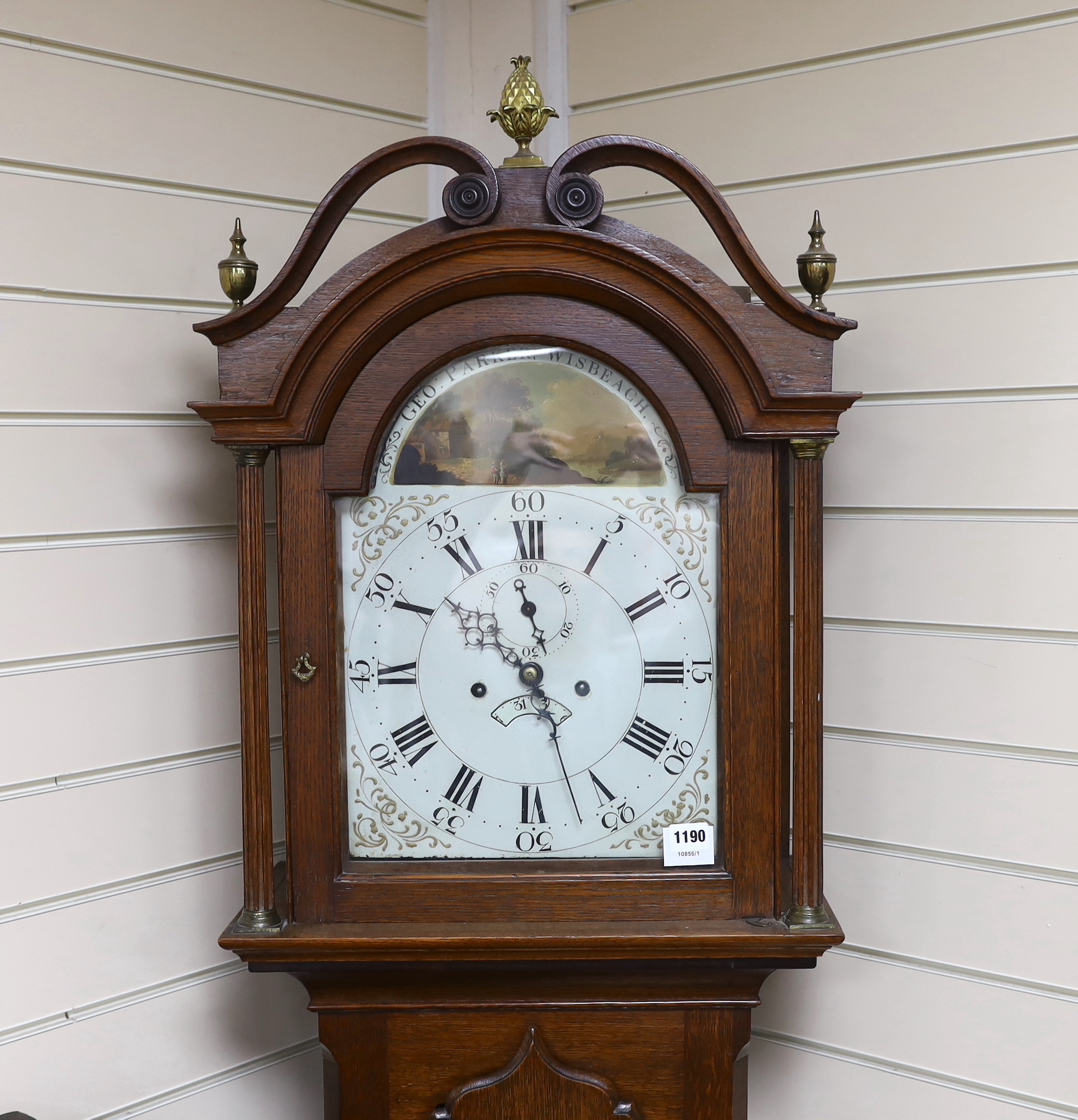 An early 19th century oak eight day longcase clock marked George Parker of Wisbeach, height 230cm
